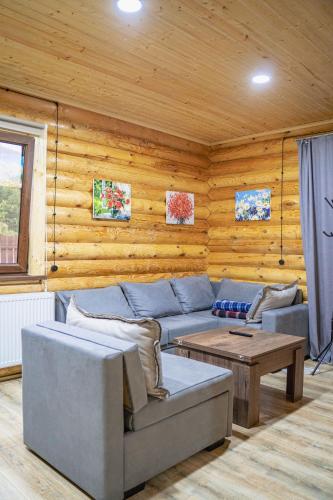 a living room with a couch and a table at Eco House Borjomi in Borjomi