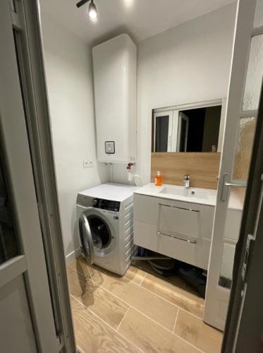 une salle de bain avec une machine à laver et un lavabo dans l'établissement Mathurin, à Paris