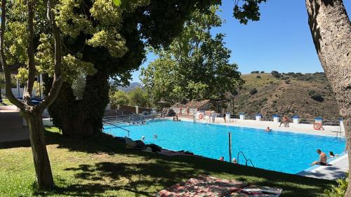 a large swimming pool with people swimming in it at Casa Los Molineros in Cortes de la Frontera