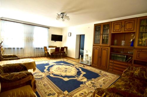 ein Wohnzimmer mit einem blauen Teppich auf dem Boden in der Unterkunft Ham-uni in Elar