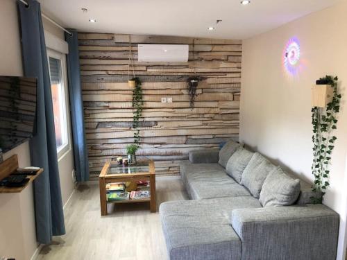 un soggiorno con divano e parete in legno di Maisonnette à la campagne rivière SPA et détente a Saint-Seriès