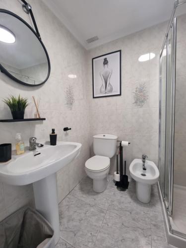 a bathroom with a sink and a toilet and a mirror at TorreSol Apartment in Torrevieja