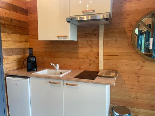 a kitchen with a sink and a stove at Chalet Dalo cosy spa privé in Roussayrolles