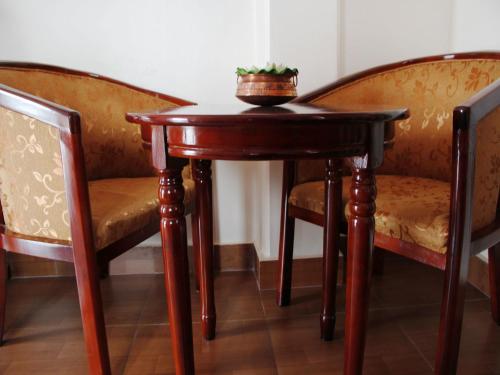 a wooden table with two chairs and a plant on it at Hotel Asia in Pokhara