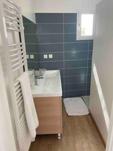 La salle de bains est pourvue d'un lavabo et d'un mur bleu. dans l'établissement Maison de vacances La Flotte 00491UI, à La Flotte