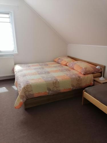 1 dormitorio con 2 camas y ventana en ubytování v apartmánu, en Mladkov