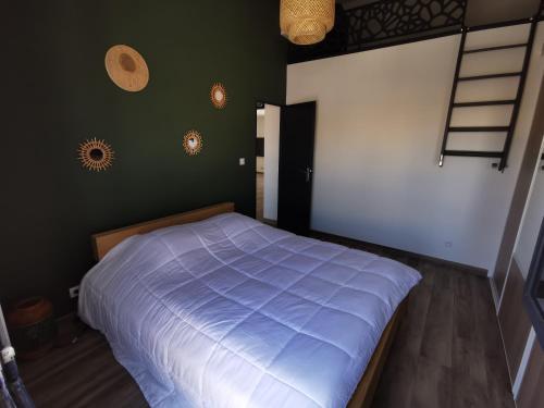 ein Schlafzimmer mit einem Bett und einer grünen Wand in der Unterkunft AS22351 - P3 au 2ème et dernier étage dans une résidence neuve en Centre Ville in Le Grau-du-Roi