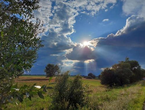 a cloudy sky with the sun in a field at Auszeit auf dem Drachenhof, das Hyggehaus in Plattenburg