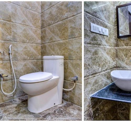 Dos imágenes de un baño con inodoro y lavabo. en Hotel Dev Palace, en Sawāi Mādhopur