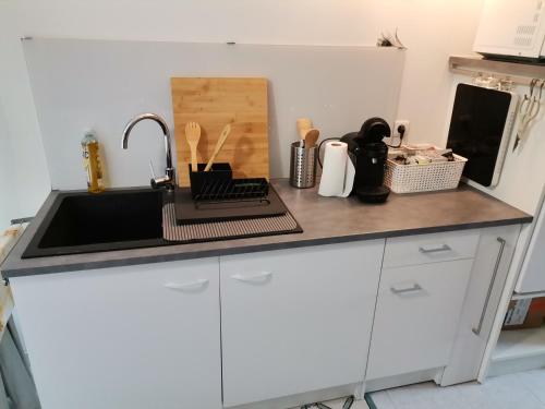 a kitchen counter with a sink and utensils at La dépendance, petite maison au calme in Vallon-sur-Gée