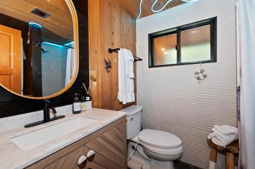 a bathroom with a toilet and a sink and a mirror at New!!! Dreamy Bear Haus- Updated Retro Retreat & Spa, Pet & Kid Friendly in Big Bear Lake