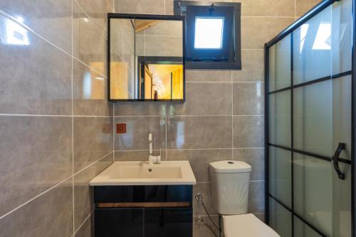 een badkamer met een wastafel, een toilet en een spiegel bij İNCİ BOUTİQUE APART in Bodrum City