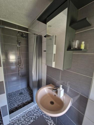 y baño con lavabo y ducha. en Sweet guesthouse, en Mostar