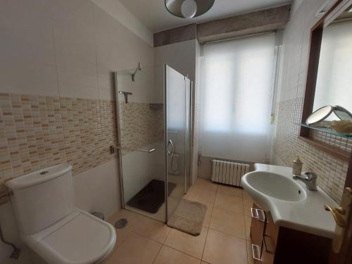 a bathroom with a toilet and a shower and a sink at Casa Vily in Vilagarcia de Arousa