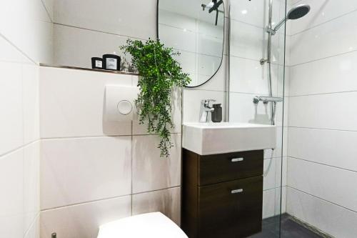 een badkamer met een wastafel, een toilet en een spiegel bij Dune Lagoon in Egmond aan den Hoef