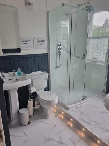 a bathroom with a shower and a toilet and a sink at Cameron House - spacious B listed building, near Falkland, Central East Scotland in Auchtermuchty