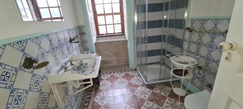 een badkamer met een douche en een wastafel bij Solar dos Araújo Coutinho - Casa dos Cavaleiros - Turismo Habitação 