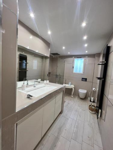 La salle de bains spacieuse est pourvue d'un grand lavabo et de toilettes. dans l'établissement Maison de village chez Audrey, à Ramatuelle