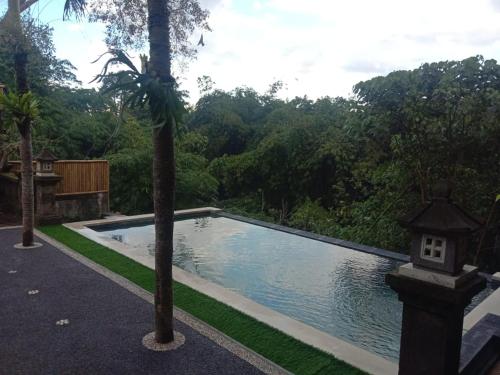 a swimming pool with a bird house next to a tree at Ketut Kasta Guest House in Ubud