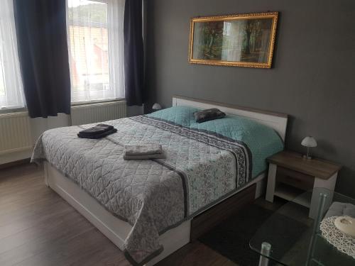 een slaapkamer met een bed met twee handdoeken erop bij Ferienhaus Renate 7 in Thale