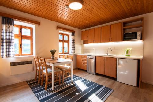 a kitchen with wooden cabinets and a table and chairs at Chata Pod Desenským vrchem in Desná