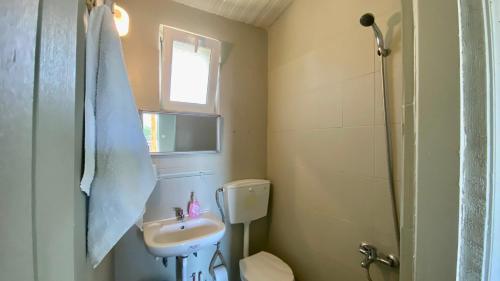 a small bathroom with a sink and a toilet at Chelonaria in Kalamaki