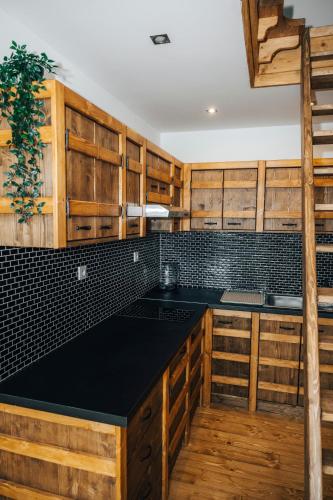 a kitchen with wooden cabinets and a black counter top at Nestville Apartments in Hniezdne