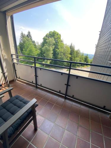 a balcony with a bench and a large window at Appartement de Ruiter in Winterberg