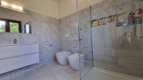 MonterubbianoにあるIl Piccolo Carro Apartmentsのバスルーム(トイレ、ガラス張りのシャワー付)