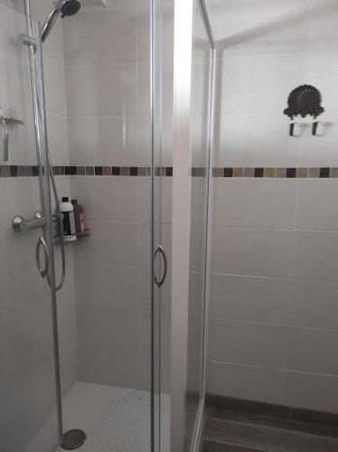 une douche avec une porte vitrée dans une salle de bain dans l'établissement La Petite Goulette, à Commes