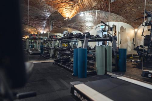 a gym with a bunch of equipment in a room at The Dome Hotel in Satu Mare