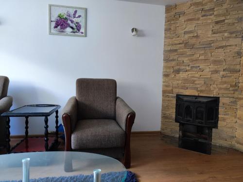 a living room with a chair and a stove at Apartament Gosi in Gdynia