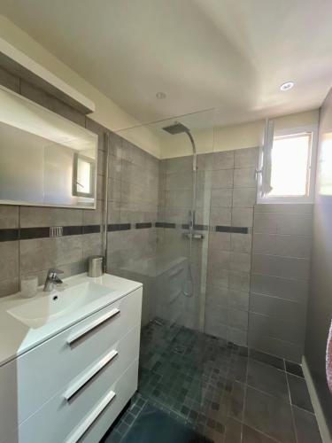 a bathroom with a white sink and a shower at Chambre d'hôtes avec Jacuzzi Ventoux Cocoon in Bédoin