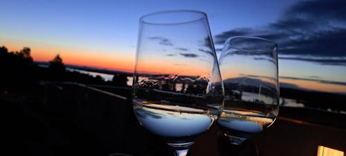 two glasses of white wine with the sunset in the background at Sonniges 1-Zimmerappartement mit Blick über Kreuzlingen in Kreuzlingen