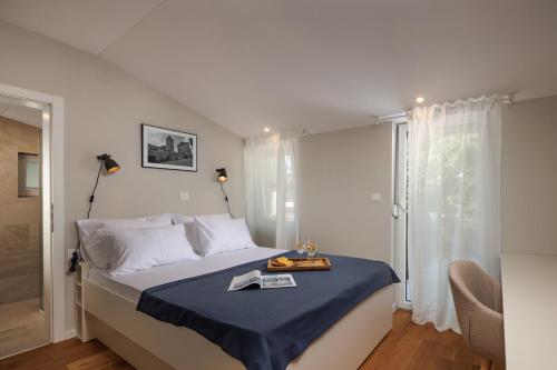 een slaapkamer met een bed met een blauwe deken erop bij Villa Pietra in Brtonigla