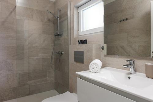 een badkamer met een douche, een wastafel en een spiegel bij Villa Pietra in Brtonigla