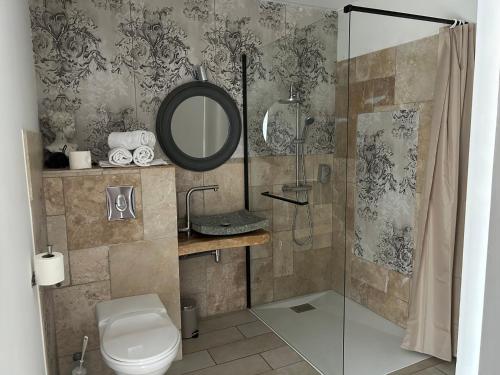 a bathroom with a shower and a toilet and a mirror at Auberge les Galets in Peyruis