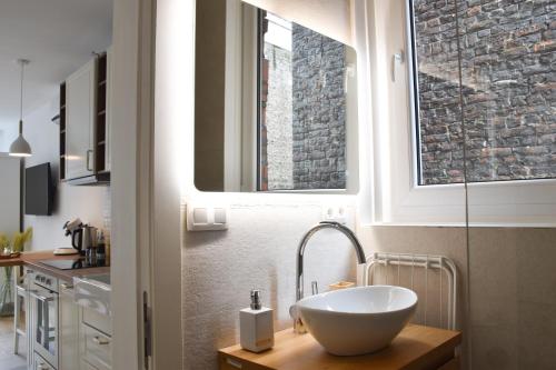 a bathroom with a bowl sink and a mirror at Fontainas Apartments in Brussels