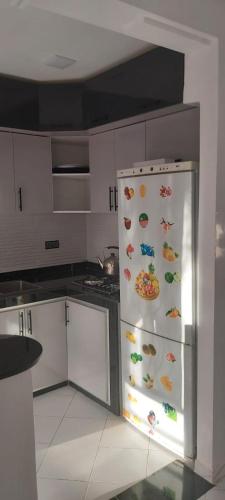 eine Küche mit einem Kühlschrank mit Magneten darauf in der Unterkunft sidi rahal in Zemmour Touirza