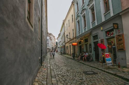 Une allée pavée avec des personnes marchant dans une rue dans l'établissement Cozy apartment in the heart of the historic city, à Bratislava