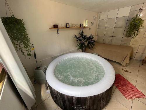 - une baignoire avec de l'eau dans la chambre dans l'établissement Casa Verde Piscina Spa com Ofurô e Hidro 750m Cavalhodromo 1km Rua do Lazer Reserva Florestal no quintal TVs com Premiere Futebol Filmes You Tube Churras Fogão a lenha Ar Split Internet Fibra Mercado Pirineus Pets bem vindos sossego e energia boa, à Pirenópolis