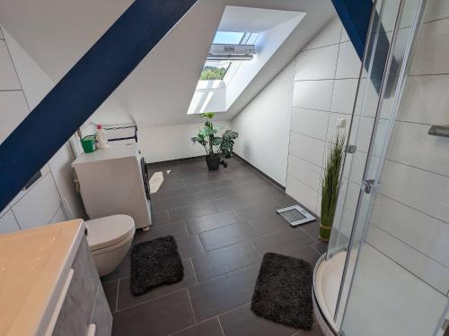 une salle de bains mansardée avec des toilettes et une lucarne. dans l'établissement Anton's bunte Welt (100 m², Parkplatz, Garten und viel mehr), à Albersdorf