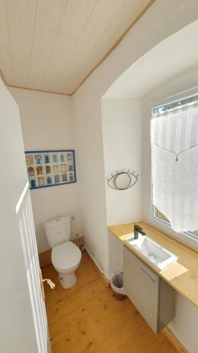 une salle de bain avec toilettes et lavabo dans l'établissement LA FLOCLEVAL, au Chambon-sur-Lignon