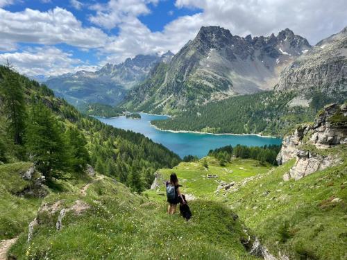 a woman walking on a hill overlooking a lake at I Larici - Appartamento per sognare in Alpe Devero
