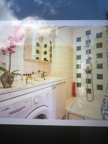 een badkamer met een bad, een wastafel en een bad bij Appartements Brussels in Brussel