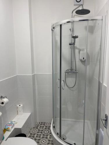 a bathroom with a glass shower with a toilet at Swinefleet Maisonettes. Airy, Modern & Chic! in Goole