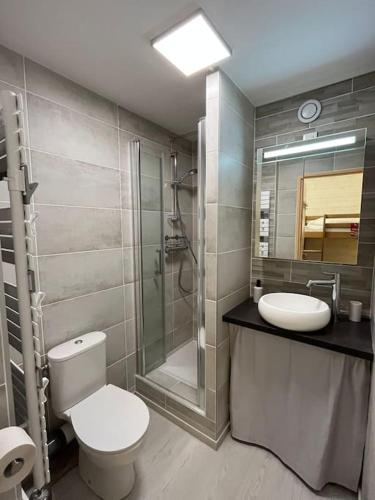 une salle de bain avec toilettes, lavabo et douche dans l'établissement 4 pers, pied des pistes, WIFI, Netflix, Lave-vaisselle, à Les Deux Alpes