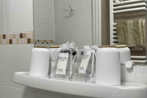 estante con artículos de aseo en el lavabo del baño en Gîte de charme Autun'Home en Autun