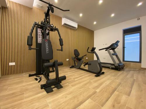 a gym with treadmills and exercise bikes in a room at Tritoni Valletta Boutique Hotel in Il-Furjana