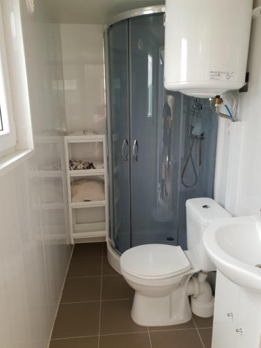 ein Bad mit einer Dusche, einem WC und einem Waschbecken in der Unterkunft The Black and White cabin with Spa bath in Västra Torup